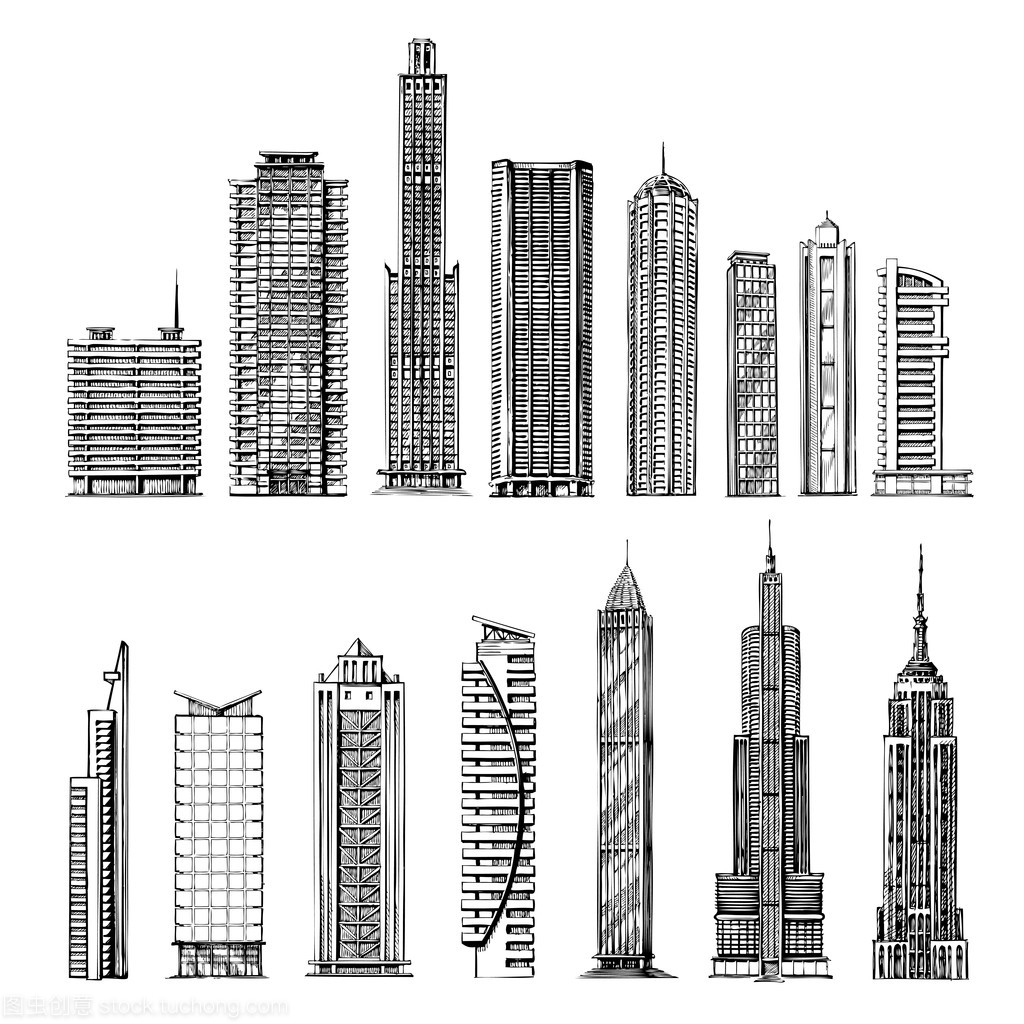 市。手绘草图的摩天大楼。矢量图